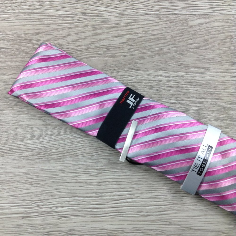 JF J. Ferrar Pink Striped Textured Narrow Tie - Picture 3 of 3